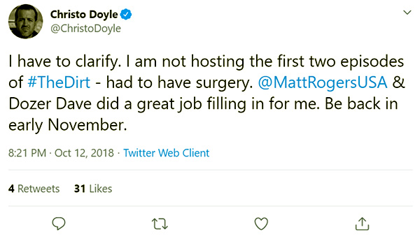Image of Christo Doyle’s Twitter Announcement